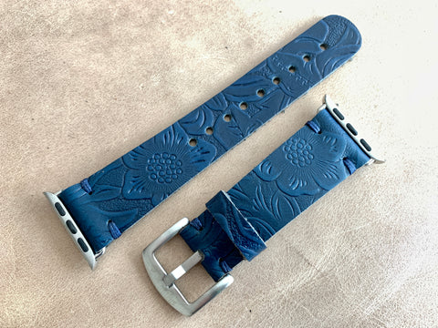 Apple watch band Series 1 2 3 4 5 6 7 8 SE 42-44-45 mm, 38-40-41 mm, Leather watch band, iWatch band, Apple watch leather band Navy Blue Flower