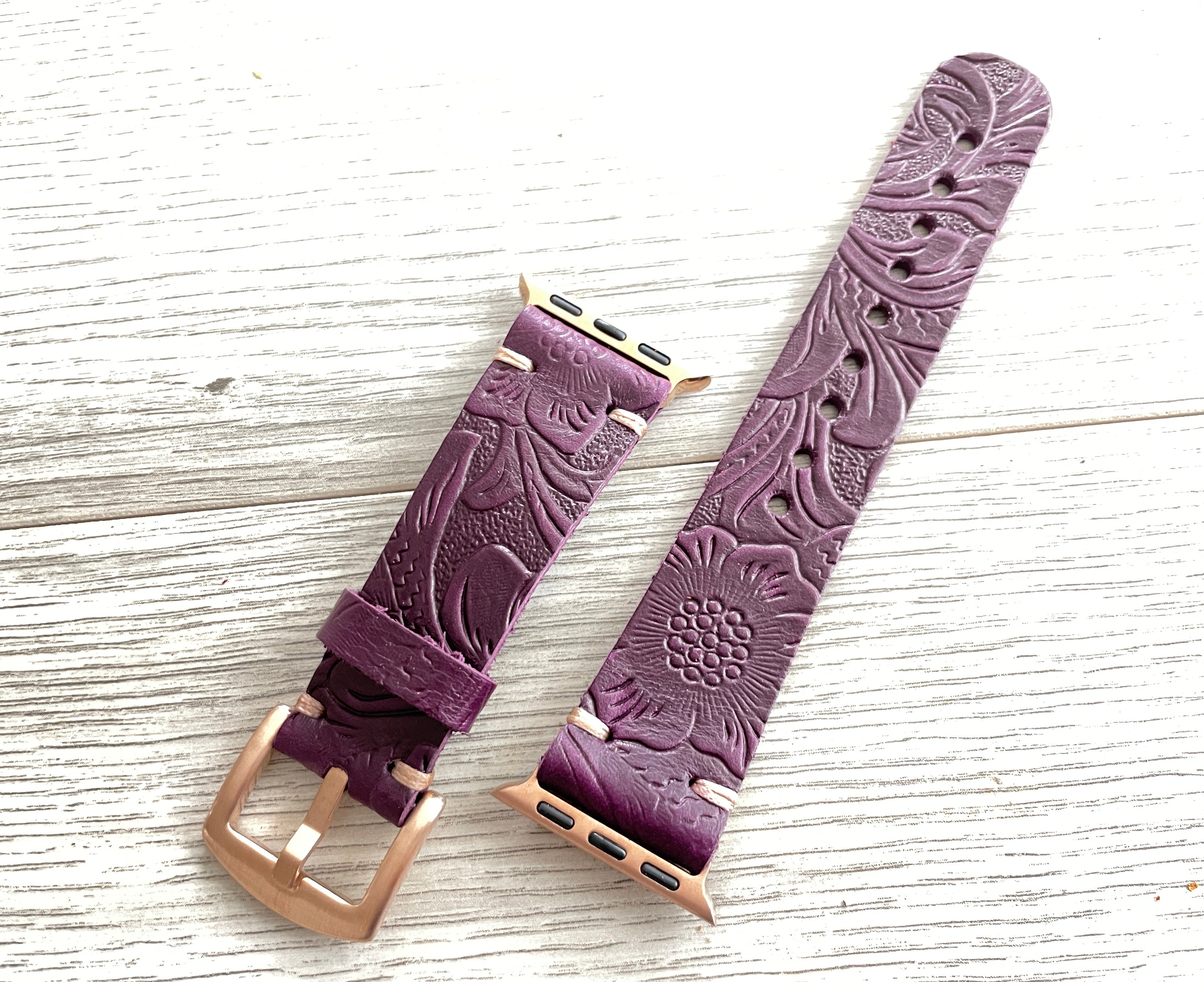 Apple watch band Series 1 2 3 4 5 6 7 8 SE 42-44-45 mm, 38-40-41 mm, Leather watch band, iwatch band, Apple watch leather band - Purple Flower -
