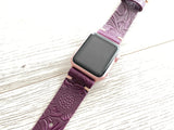Apple watch band Series 1 2 3 4 5 6 7 8 SE 42-44-45 mm, 38-40-41 mm, Leather watch band, iwatch band, Apple watch leather band - Purple Flower -