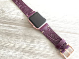 Apple watch band Series 1 2 3 4 5 6 7 8 SE 42-44-45 mm, 38-40-41 mm, Leather watch band, iwatch band, Apple watch leather band - Purple Flower -
