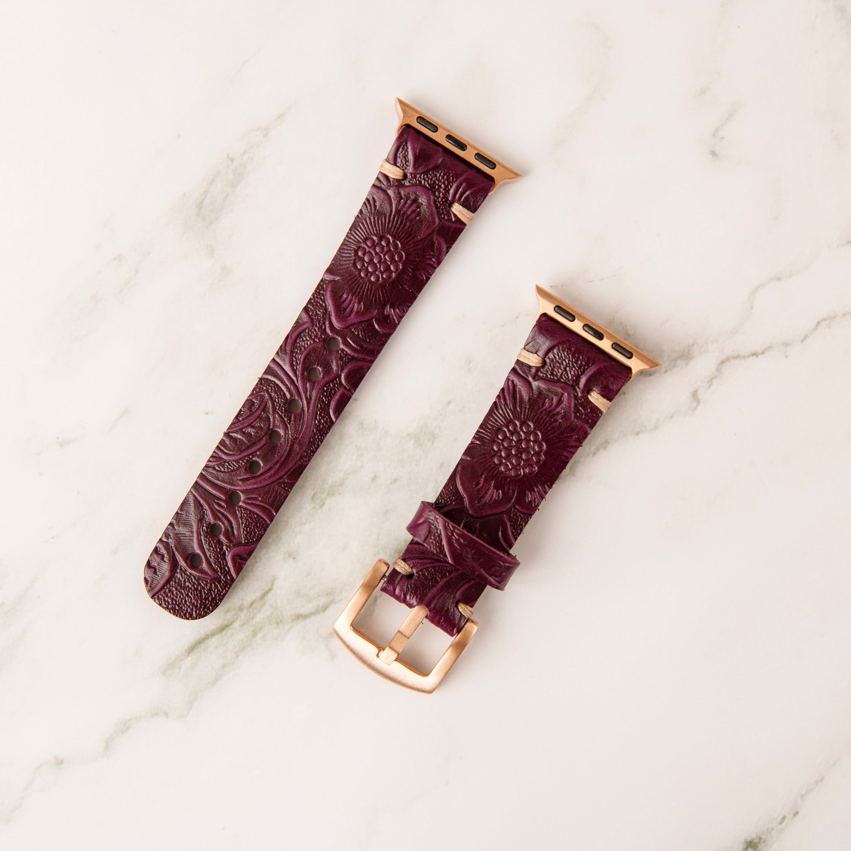Purple Flower Apple Watch Band 42-44-45 mm, 38-40-41 mm, Leather Watch Band, iWatch band, Apple Watch Leather Band, Series 1 2 3 4 5 6 7 8 SE