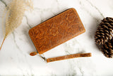 Womens wallet, Leather wallet, Zipper Wallet, Wristlet Wallet | Flower Wallet | BROWN
