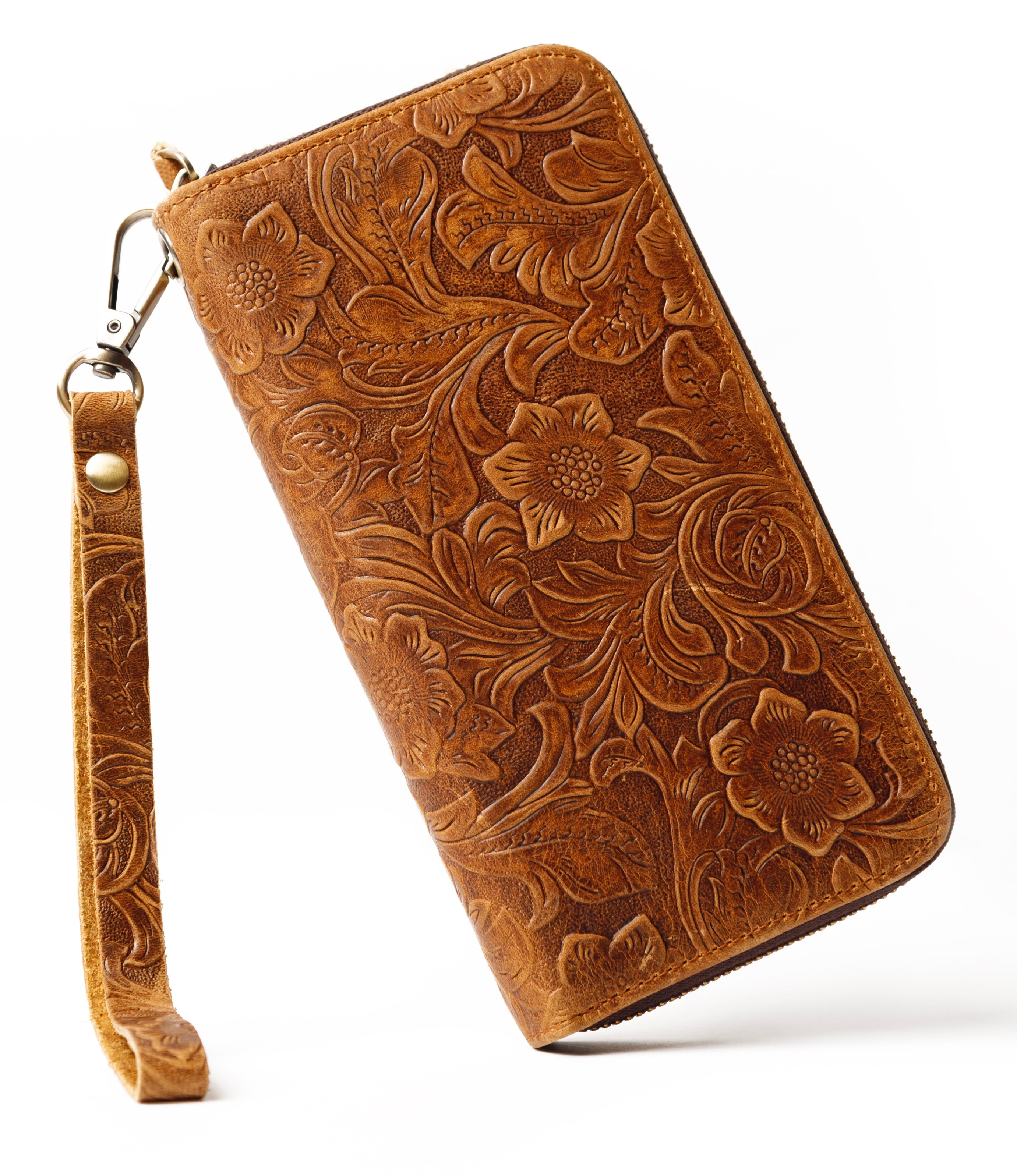 Womens wallet, Leather wallet, Zipper Wallet, Wristlet Wallet | Flower Wallet | BROWN