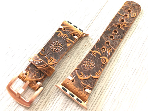 Apple watch band Series 1 2 3 4 5 6 7 8 9 10 11 12 SE ULTRA 42-44-45-46-49 mm, 38-40-41 mm, Leather watch band, iWatch band, Apple watch leather band - Flower