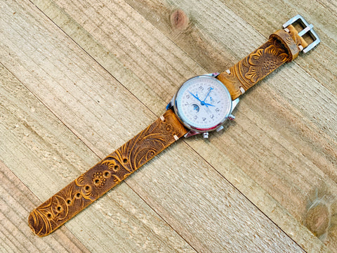 Leather watch strap | Leather Watch Band | Handmade Watch Band | 18 mm, 20 mm, 22mm, 24mm | B Flower