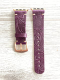 Apple watch band Series 1 2 3 4 5 6 7 8 SE 42-44-45 mm, 38-40-41 mm, Leather watch band, iwatch band, Apple watch leather band - Purple Flower -